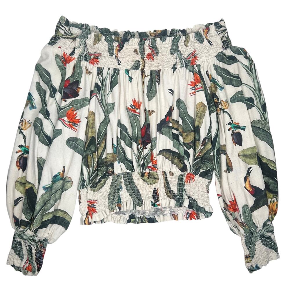 PatBO White Tropical Off-Shoulder Smocked Blouse with Green and Orange Print